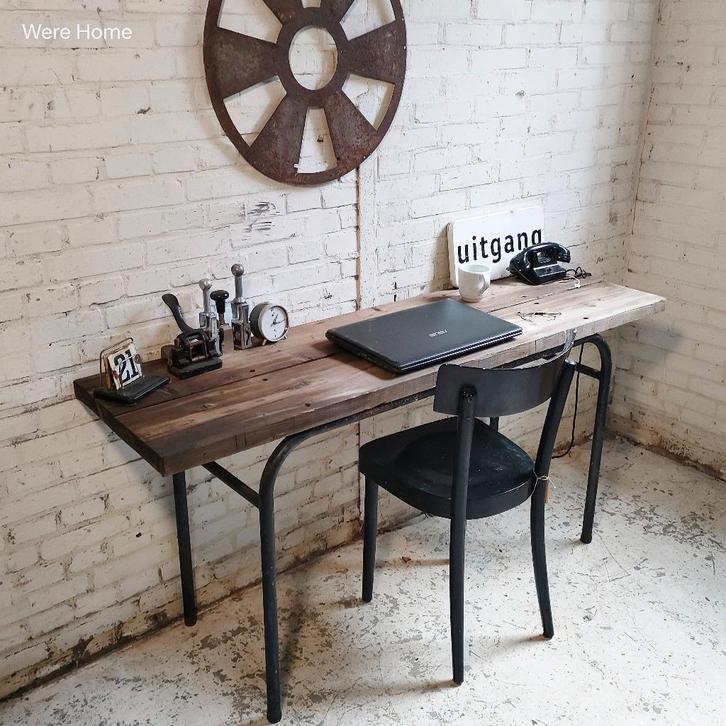 Stoere smalle sidetable werktafel laptoptafel industrieel, Antiek en Kunst, Antiek | Meubels | Tafels, Ophalen of Verzenden