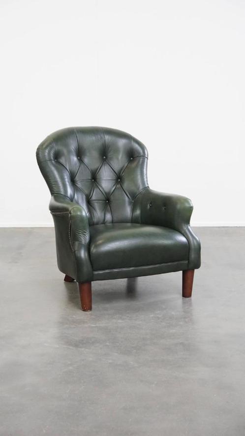 Prachtige klassieke groene rundleren chesterfield fauteuil, Huis en Inrichting, Fauteuils, Gebruikt, 75 tot 100 cm, 75 tot 100 cm