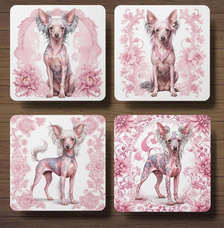 Chinese Naakthond Delfts Roze onderzetters met houder, Huis en Inrichting, Woonaccessoires | Onderzetters, Nieuw, Glas of Kopje