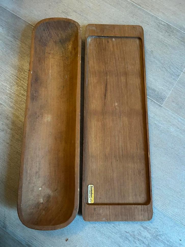 Teak houten serveerschaal met onderplank, Antiek en Kunst, Antiek | Schalen, Ophalen of Verzenden