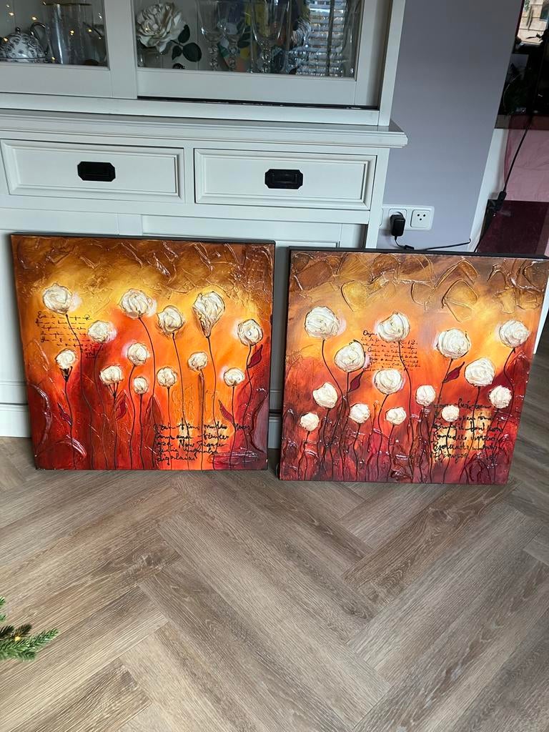 Twee schilderijen met bloemmotief, Antiek en Kunst, Kunst | Schilderijen | Klassiek, Ophalen