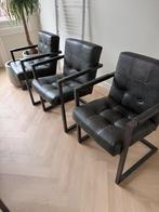 6 Industriële leren eetkamerstoelen, Ophalen, Gebruikt, Zwart, Metaal