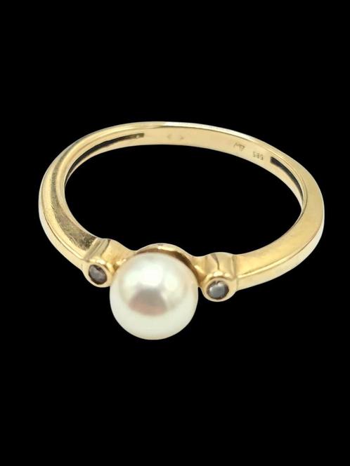 14 karaats gouden Damesring Parel en Briljant, Sieraden, Tassen en Uiterlijk, Ringen, Zo goed als nieuw, Dame, 17 tot 18, Goud
