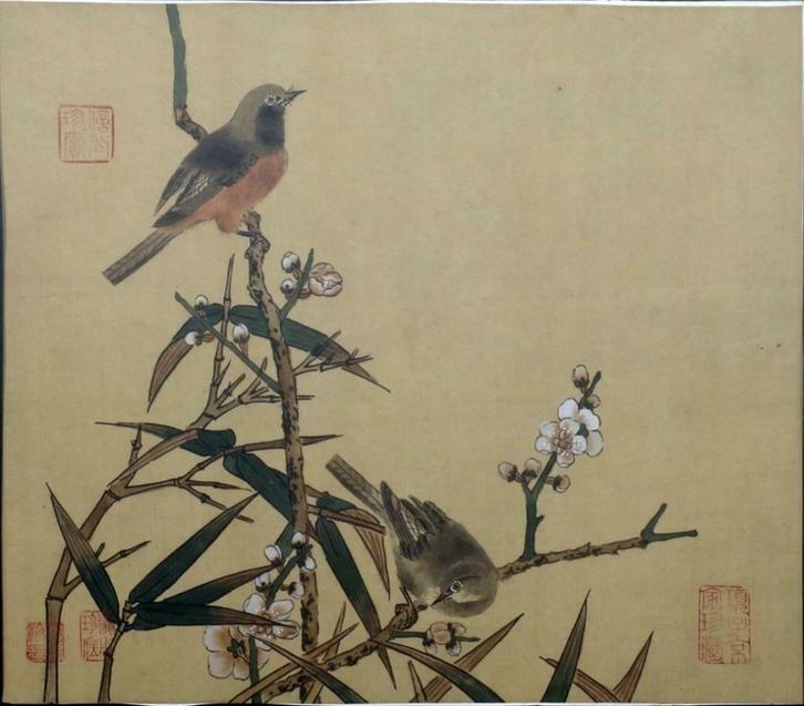 chinese zangvogels op zijde geschilderd, Antiek en Kunst, Kunst | Niet-Westerse kunst, Ophalen of Verzenden