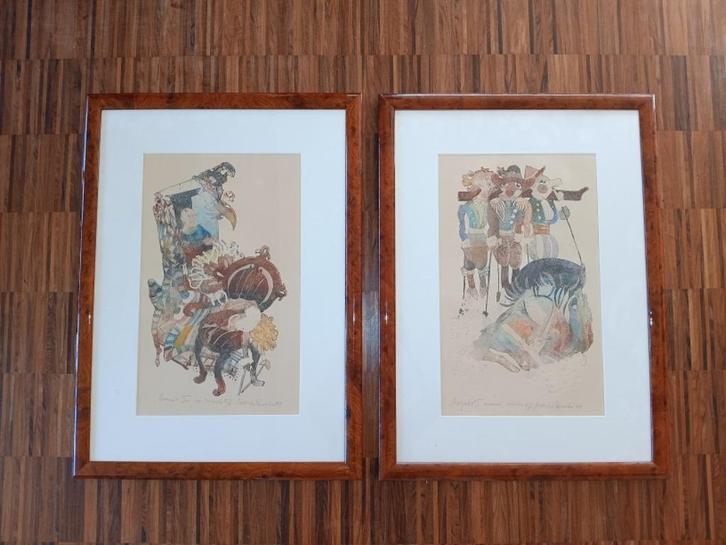 Set van 2 aparte zeefdrukken met reliëf, gesigneerd, Antiek en Kunst, Kunst | Litho's en Zeefdrukken, Ophalen of Verzenden