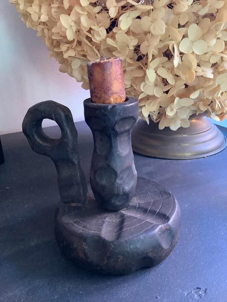 Brocante kandelaar houtsnijwerk, Antiek en Kunst, Curiosa en Brocante, Ophalen of Verzenden