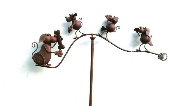 Tuinsteker, tuinprikker, windspel, balans met 4 honden bruin, Tuin en Terras, Tuinstekers, Nieuw, Ophalen of Verzenden