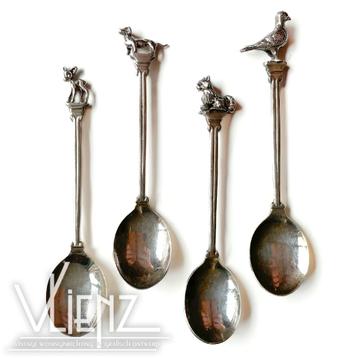 4 Vintage, antieke theelepels dieren, theelepeltjes hert kat beschikbaar voor biedingen