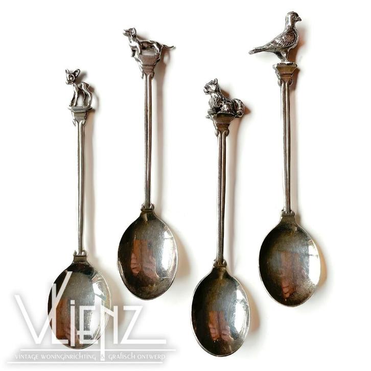 4 Vintage, antieke theelepels dieren, theelepeltjes hert kat, Antiek en Kunst, Antiek | Bestek, Ophalen of Verzenden