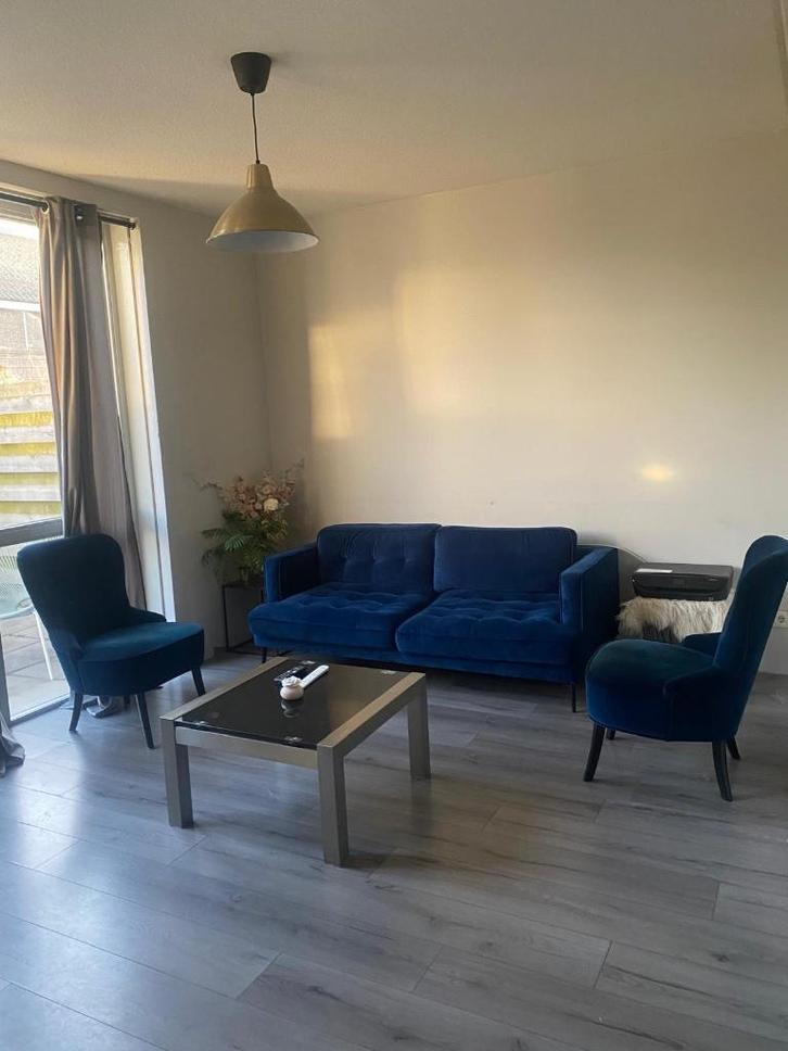 Mooie koningsblauwe Velvet bank  en fauteuils, Huis en Inrichting, Banken | Sofa's en Chaises Longues, Zo goed als nieuw, Driepersoons