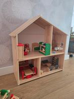 Houten poppenhuis met meubels en poppetjes, Kinderen en Baby's, Speelgoed | Poppenhuizen, Ophalen, Gebruikt