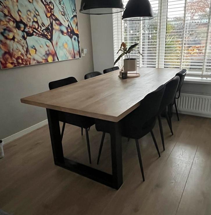 Mooie eettafel massief eiken blad afm: 220x100 met 6 stoelen, Huis en Inrichting, Tafels | Eettafels, Zo goed als nieuw, 50 tot 100 cm