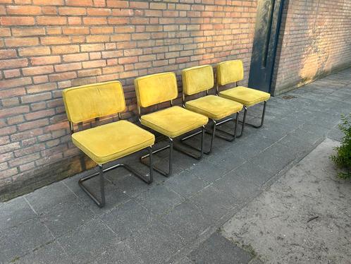 4 Gele Ribstof Stoelen met Chrome Buisframe, Huis en Inrichting, Stoelen, Gebruikt, Vier, Metaal, Stof, Overige kleuren, Ophalen