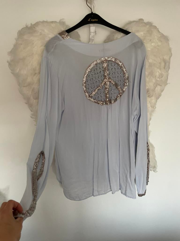 Lichtblauwe blouse met glitter boho/ibiza, Maat 38/40 (M), Blauw, Ophalen of Verzenden, Zo goed als nieuw