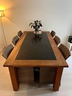 Houten eettafel met zwart natuur hardstenen tafelblad, Huis en Inrichting, Tafels | Eettafels, Ophalen, Gebruikt, 50 tot 100 cm