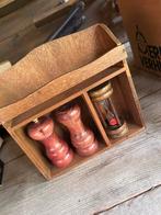 Houten houder met pepermolens en zandloper, Ophalen of Verzenden, Gebruikt