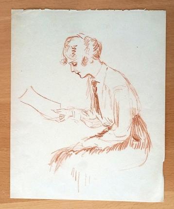 A493-5 Oude tekening Dame met brief beschikbaar voor biedingen