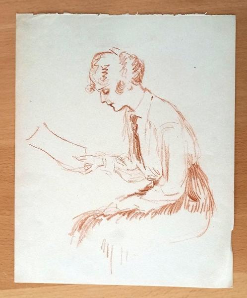 A493-5 Oude tekening Dame met brief, Antiek en Kunst, Kunst | Tekeningen en Foto's, Ophalen of Verzenden