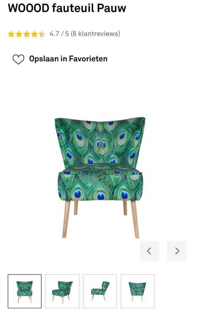WOOOD fauteuil Pauw, Huis en Inrichting, Fauteuils, Zo goed als nieuw, Hout, Stof, 50 tot 75 cm, Minder dan 75 cm, Ophalen