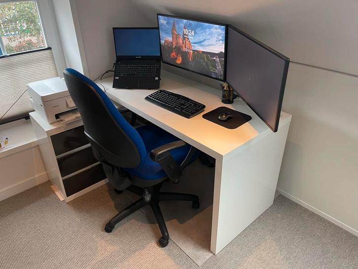 Wit bureau met kastje in nette staat, Huis en Inrichting, Bureaus, Gebruikt, Bureau, Ophalen