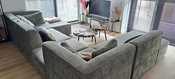 MOOIE MODULAIRE LOUNGEBANK U-BANK HOEKBANK ZGAN RIB FLUWEEL, Huis en Inrichting, Banken | Complete zithoeken, Zo goed als nieuw