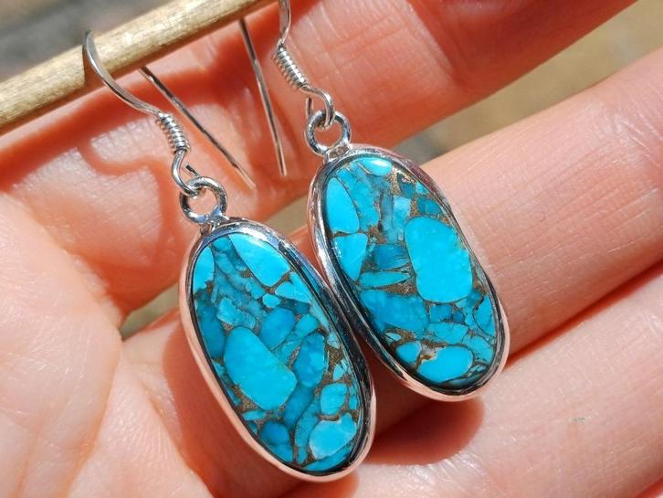 Vanoli 925 zilveren oorbellen met koper turquoise, Sieraden, Tassen en Uiterlijk, Oorbellen, Nieuw, Hangers, Zilver, Blauw, Met edelsteen