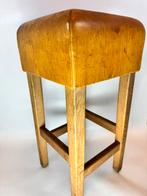 4 barkrukken eiken & leer – stijl Jean-Michel Frank, Huis en Inrichting, Barkrukken, Gebruikt, 60 tot 90 cm, Hout, Ophalen of Verzenden