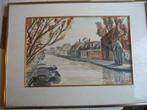 Dorpsgezicht aan het water / Aquarel in fraaie deco lijst, Ophalen of Verzenden