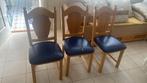 Drie stevige eiken houten eetstoelen, met blauw leer,, Huis en Inrichting, Stoelen, Ophalen, Drie, Blauw, Hout