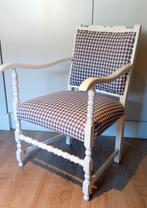 Brocante stoel, nieuw gestoffeerd in taupe-wit boerenbont, Huis en Inrichting, Ophalen, Hout, Wit, Zo goed als nieuw