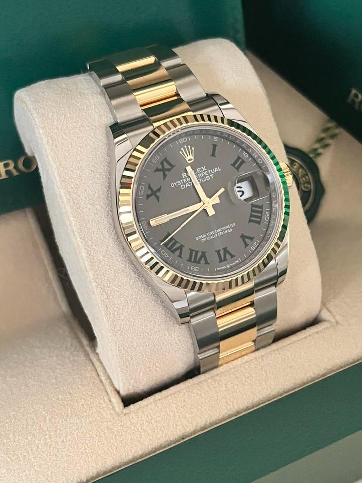 Rolex Datejust 36 Wimbledon Yellow Rolesor Oyster Fluted, Sieraden, Tassen en Uiterlijk, Horloges | Heren, Zo goed als nieuw, Rolex