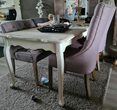 Eettafel, 2 taupe stoelen en eetbankje, Huis en Inrichting, Tafels | Eettafels, Gebruikt, Ophalen