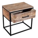 Mangohouten nachtkastje met zwart metaal, Huis en Inrichting, Slaapkamer | Nachtkastjes, Nieuw, 45 tot 65 cm, Hout, 55 tot 70 cm