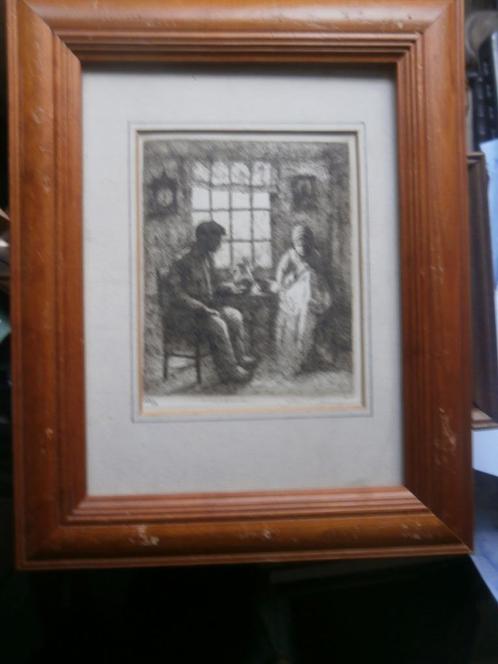 Mooi Oud binnenhuisje, ets v/oude man/vrouw aan tafel, Antiek en Kunst, Kunst | Etsen en Gravures, Ophalen of Verzenden