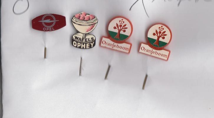 4 speldjes Opel, Ophey wafels en Oranjeboom, Verzamelen, Speldjes, Pins en Buttons, Gebruikt, Overige onderwerpen, Ophalen of Verzenden