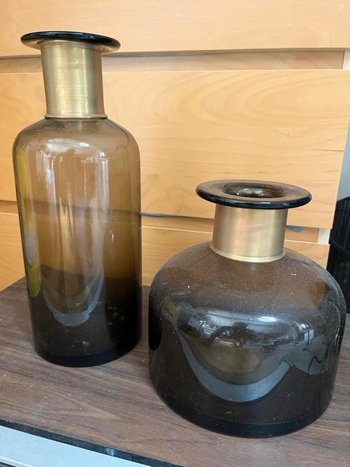 Bruine Glazen Vazen Set, Huis en Inrichting, Woonaccessoires | Vazen, Gebruikt, Overige kleuren, Minder dan 50 cm, Glas, Ophalen