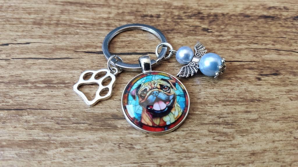 Kettinghanger Pug Mopshond cabochon met beschermengeltje, Sieraden, Tassen en Uiterlijk, Kettinghangers, Nieuw, Overige materialen