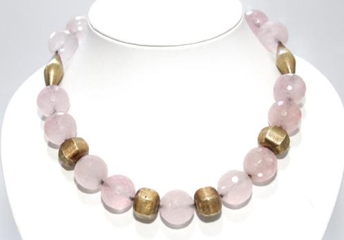 Prachtige Sterling Zilver Vermeil Rozenkwarts Ketting, Sieraden, Tassen en Uiterlijk, Antieke sieraden, Ketting, Zilver, Met edelsteen