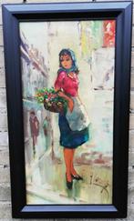 Jeune femme avec un panier de fleurs. Sign. Olie/doek., Ophalen