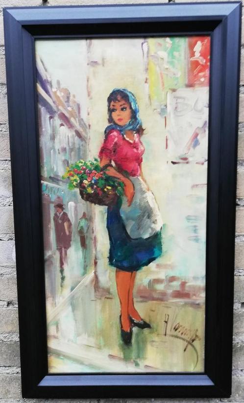 Jeune femme avec un panier de fleurs. Sign. Olie/doek., Antiek en Kunst, Kunst | Schilderijen | Klassiek, Ophalen
