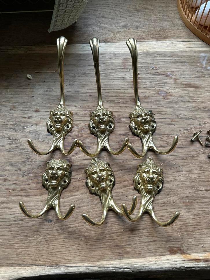 Messing Kapstok met Leeuwenkoppen, Huis en Inrichting, Woonaccessoires | Kapstokken, Gebruikt, Wandhaken, Minder dan 100 cm, Metaal