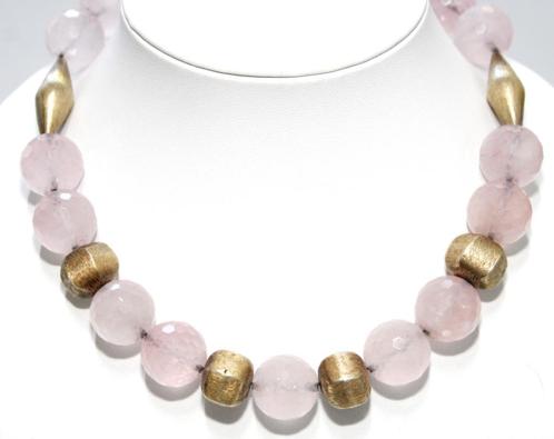 Prachtige Sterling Zilver Vermeil Rozenkwarts Ketting, Sieraden, Tassen en Uiterlijk, Antieke sieraden, Ketting, Zilver, Met edelsteen