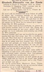Zande Elisabeth 1915 Goirle 1942, Ophalen of Verzenden, Bidprentje