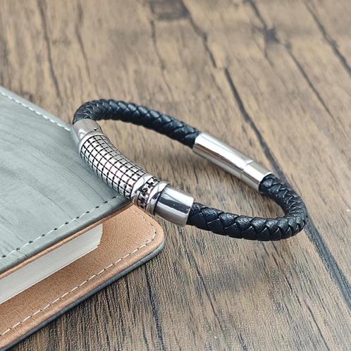 Zwarte Lederen Stalen Heren Armband, Sieraden, Tassen en Uiterlijk, Armbanden, Nieuw, Leer, Zwart, Verzenden