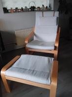 Ikea poang stoel + voetenbankje beuken met witte kussens, Huis en Inrichting, Fauteuils, Zo goed als nieuw, Ophalen