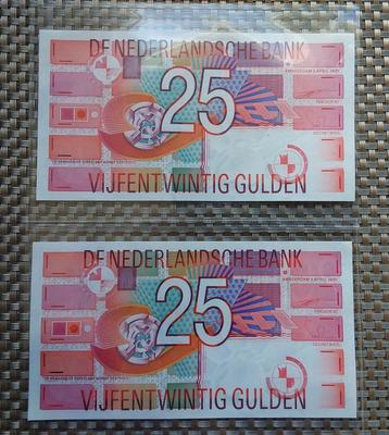 2 bankbiljetten van 25 gulden met op één volgende nummers.