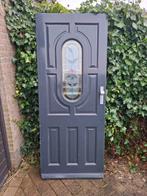 Zware houten voordeur met glas in loodraam, Doe-het-zelf en Verbouw, Deuren en Horren, Ophalen, Gebruikt, 80 tot 100 cm, 200 tot 215 cm