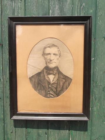 Antieke 19e eeuwse tekening, herenportret. beschikbaar voor biedingen