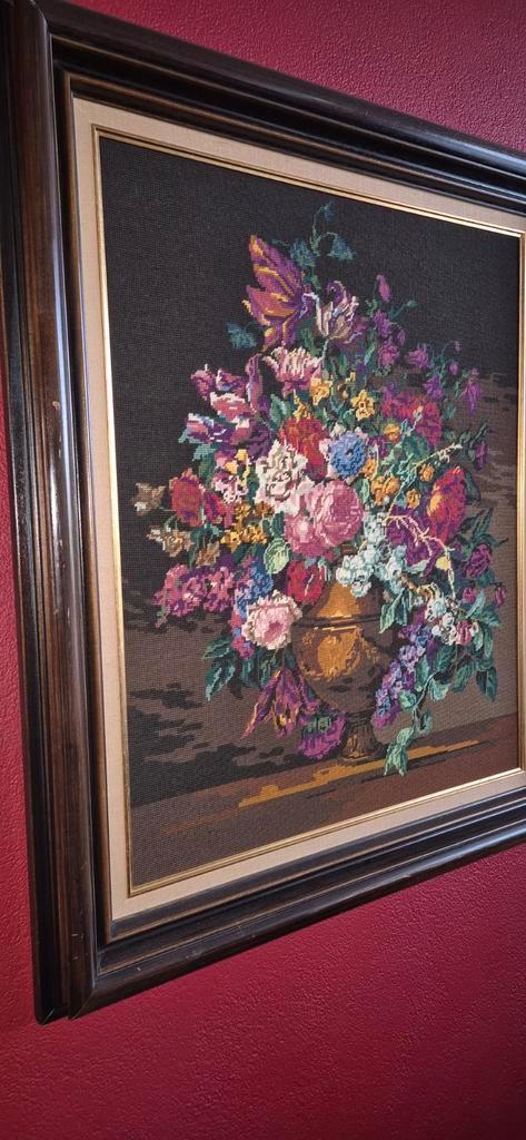 Groot Geborduurd Schilderij - Bloemenmotief 100x86cm, Antiek en Kunst, Kunst | Schilderijen | Klassiek, Ophalen