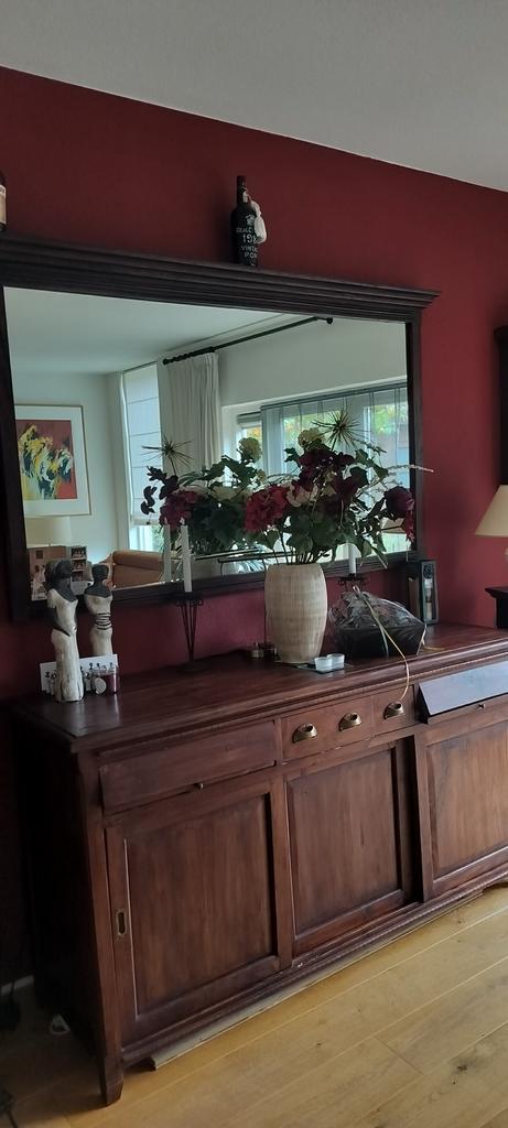 Teakhouten dressoir met spiegel, Huis en Inrichting, Woonaccessoires | Spiegels, Gebruikt, 125 cm of meer, 150 tot 200 cm, Rechthoekig